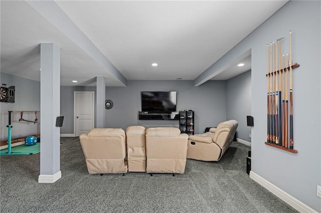 carpeted living room with baseboards and recessed lighting