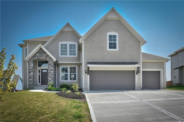 view of front of house with a front lawn, stucco siding, driveway, stone siding, and a garage