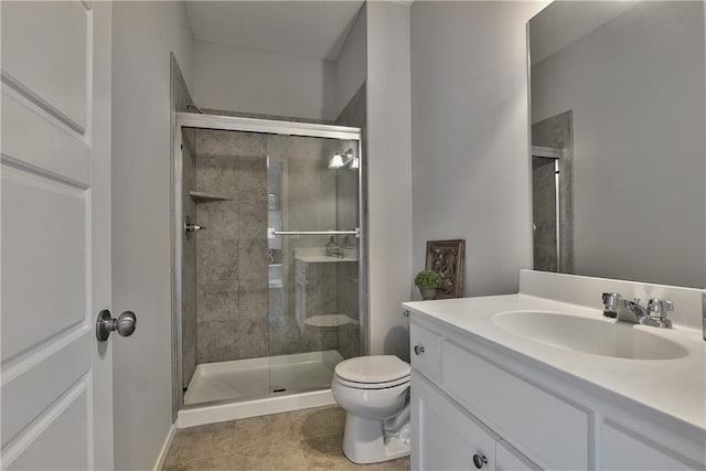full bathroom with vanity, toilet, and a stall shower