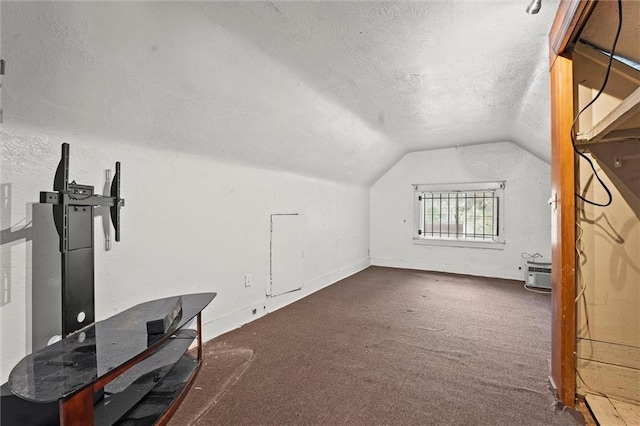 additional living space featuring carpet floors, a textured ceiling, vaulted ceiling, and baseboards