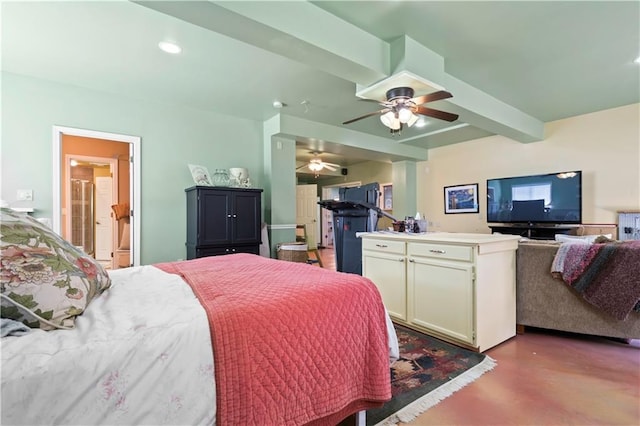 bedroom featuring recessed lighting, finished concrete flooring, beamed ceiling, and a ceiling fan