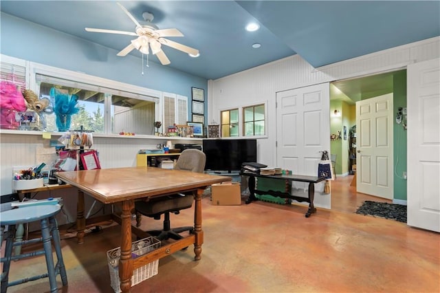 home office with recessed lighting, concrete floors, a ceiling fan, and a wealth of natural light