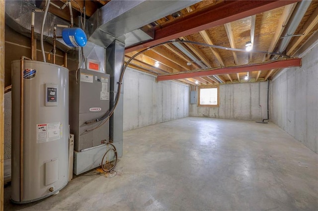 basement with water heater and electric panel
