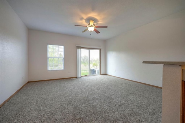 empty room featuring carpet floors, baseboards, and a ceiling fan