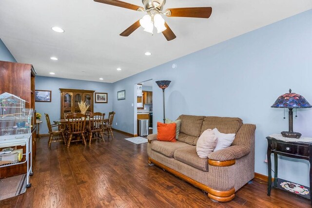 18171 198th St, Tonganoxie, KS 66086 - living room featuring ceiling fan, wood finished floors, and recessed lighting