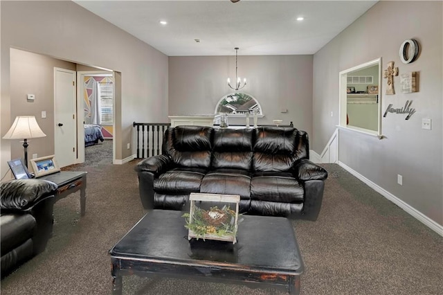 carpeted living room featuring recessed lighting, baseboards, and a notable chandelier