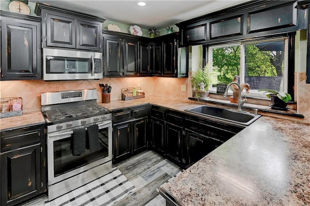 kitchen featuring a sink, dark cabinets, and stainless steel appliances