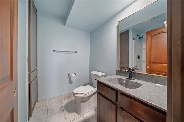 full bath with walk in shower, vanity, and toilet