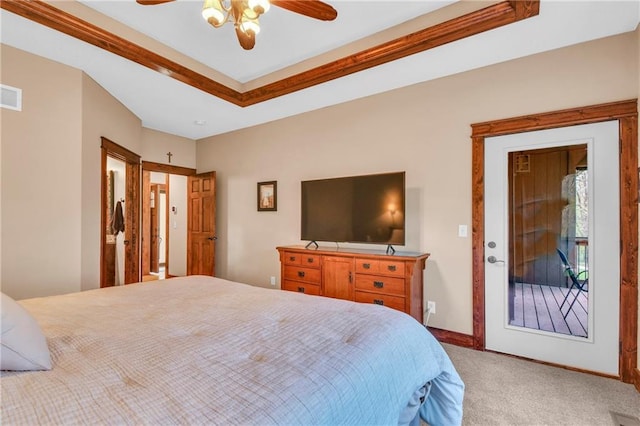 bedroom featuring baseboards, visible vents, ceiling fan, and carpet