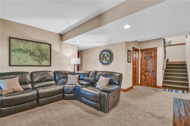carpeted living room featuring stairs, recessed lighting, and baseboards