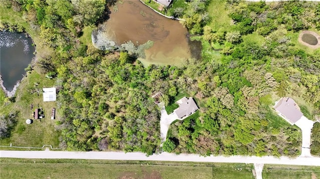 bird's eye view with a water view