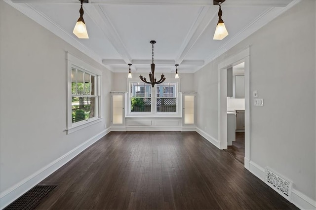 12 E 57th St, Kansas City, MO 64113 - unfurnished dining area with a chandelier, dark wood finished floors, beam ceiling, baseboards, and ornamental molding