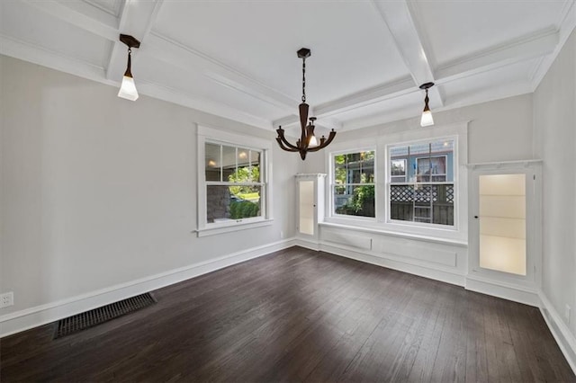 12 E 57th St, Kansas City, MO 64113 - unfurnished dining area featuring dark wood-style floors, a chandelier, beam ceiling, coffered ceiling, and baseboards