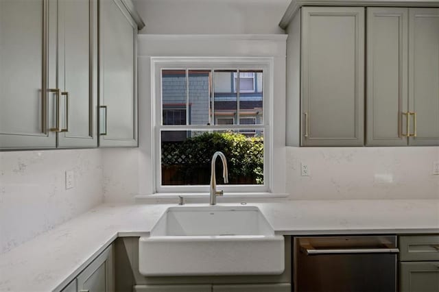 12 E 57th St, Kansas City, MO 64113 - kitchen with a sink, dishwasher, gray cabinetry, and backsplash