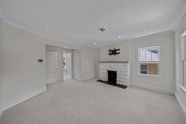 12 E 57th St, Kansas City, MO 64113 - unfurnished living room with light colored carpet, healthy amount of natural light, a stone fireplace, ornamental molding, and baseboards