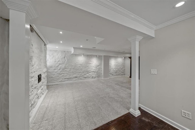 12 E 57th St, Kansas City, MO 64113 - finished below grade area with crown molding, recessed lighting, and wood finished floors