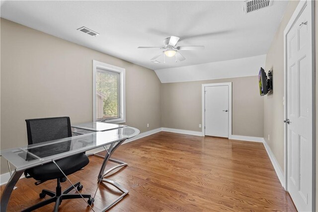 3610 NE Basswood Dr, Lees Summit, MO 64064 - office space with ceiling fan, light wood-style flooring, baseboards, and vaulted ceiling