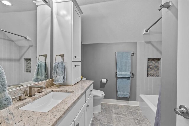 3610 NE Basswood Dr, Lees Summit, MO 64064 - full bathroom with vanity, toilet, baseboards, and shower / bath combination