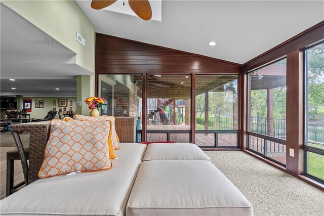 3610 NE Basswood Dr, Lees Summit, MO 64064 - carpeted bedroom featuring access to outside, a wall of windows, recessed lighting, and a ceiling fan