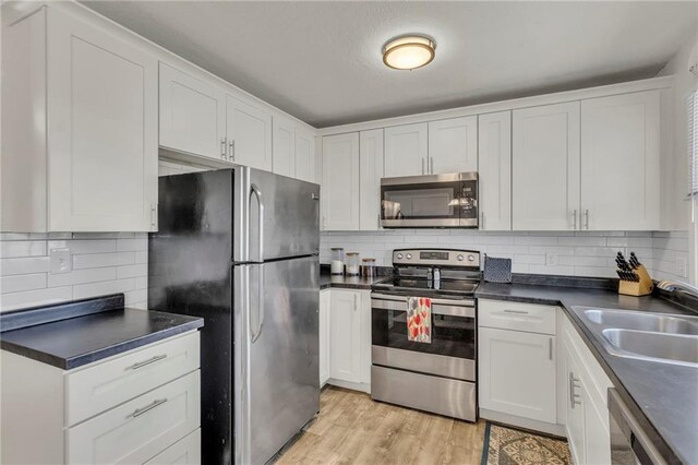 kitchen featuring a sink, dark countertops, tasteful backsplash, and stainless steel appliances