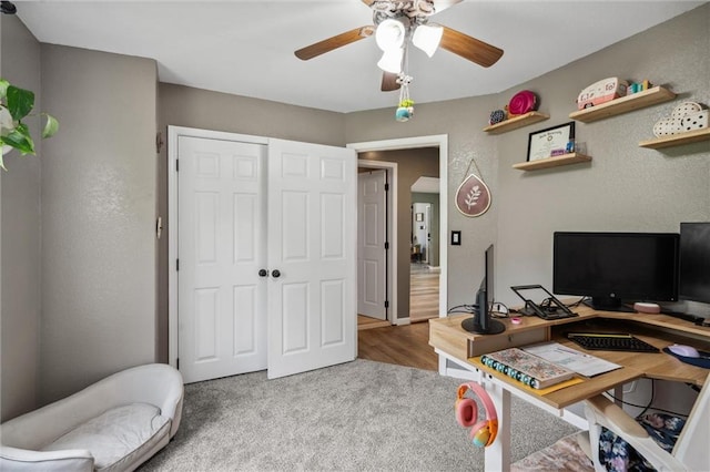 office featuring carpet floors and a ceiling fan