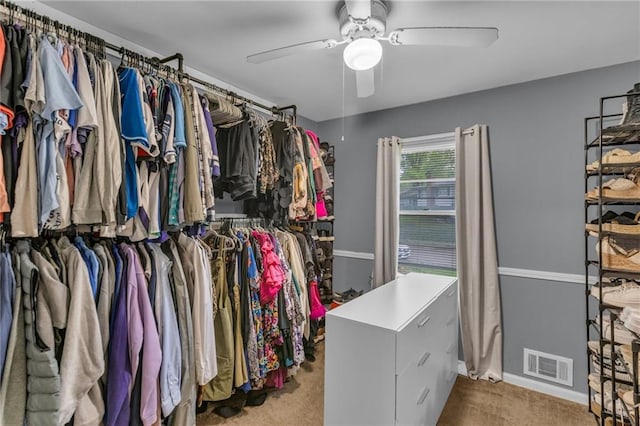 spacious closet with visible vents, carpet, and ceiling fan