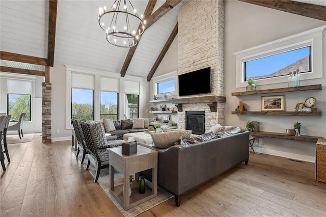 325 Ambersham Dr, Lees Summit, MO 64081 - living room featuring high vaulted ceiling, wood-type flooring, a fireplace, beam ceiling, and baseboards