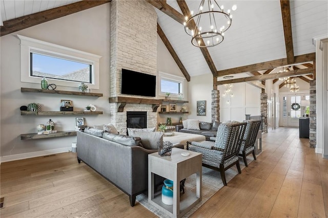 325 Ambersham Dr, Lees Summit, MO 64081 - living area featuring a chandelier, high vaulted ceiling, beamed ceiling, light wood finished floors, and a stone fireplace