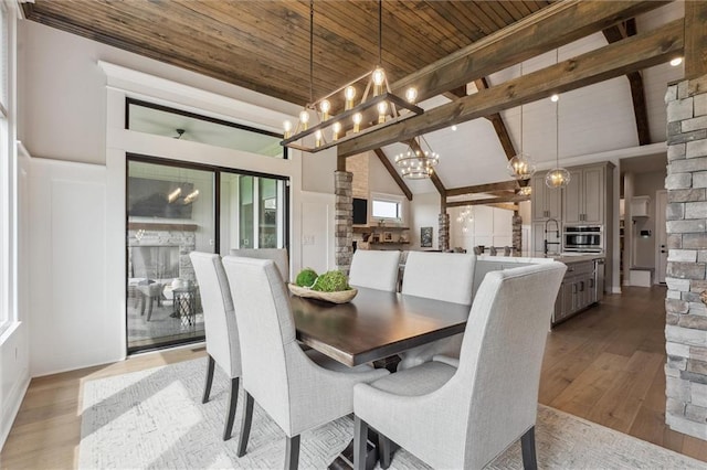 325 Ambersham Dr, Lees Summit, MO 64081 - dining area with wooden ceiling, a chandelier, light wood-style flooring, high vaulted ceiling, and beam ceiling
