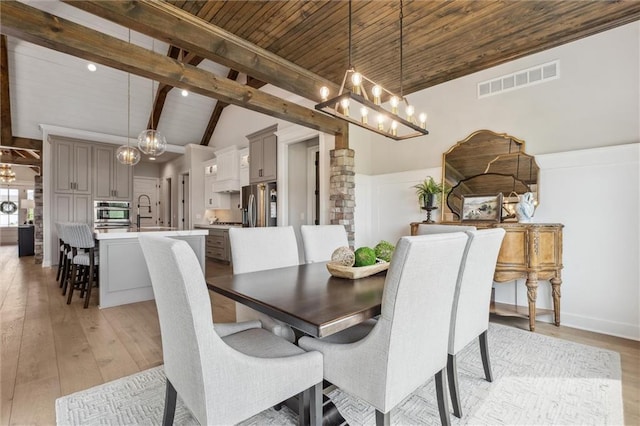 325 Ambersham Dr, Lees Summit, MO 64081 - dining area featuring a chandelier, light wood-type flooring, and wood ceiling