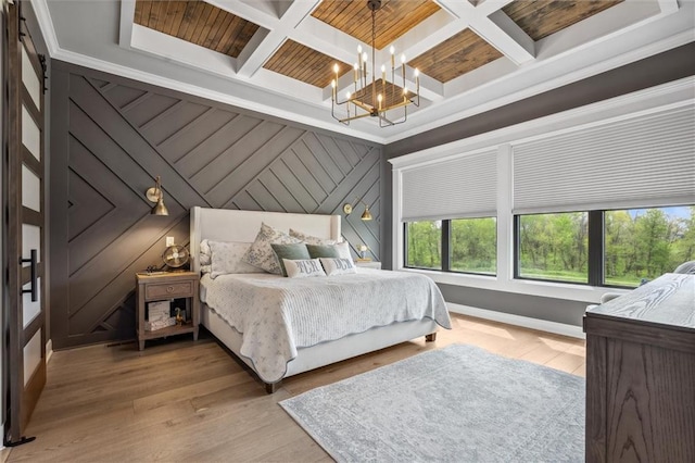 325 Ambersham Dr, Lees Summit, MO 64081 - bedroom with a chandelier, coffered ceiling, light wood-style floors, wooden ceiling, and beam ceiling