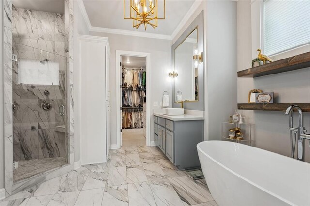 325 Ambersham Dr, Lees Summit, MO 64081 - bathroom featuring a marble finish shower, marble finish flooring, crown molding, a soaking tub, and vanity