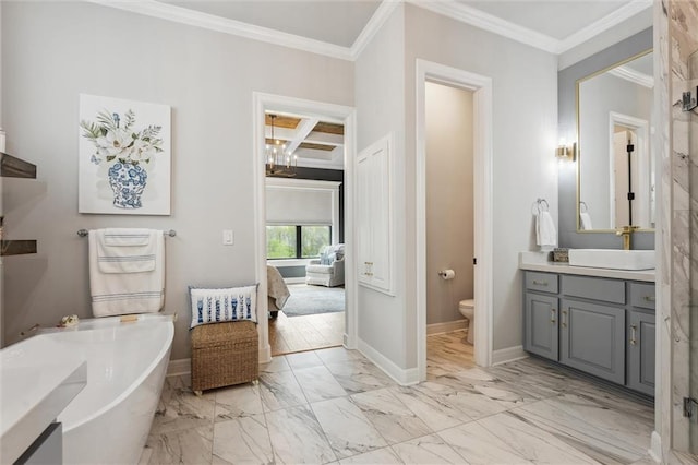 325 Ambersham Dr, Lees Summit, MO 64081 - ensuite bathroom with ornamental molding, toilet, a freestanding tub, vanity, and marble look tiles