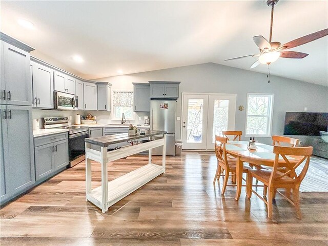 58 E Sugar Lake Cv, Mound City, KS 66056 - kitchen featuring a sink, gray cabinets, a healthy amount of sunlight, vaulted ceiling, and appliances with stainless steel finishes