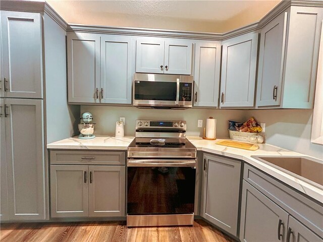 58 E Sugar Lake Cv, Mound City, KS 66056 - kitchen with light countertops, gray cabinets, appliances with stainless steel finishes, and light wood-type flooring