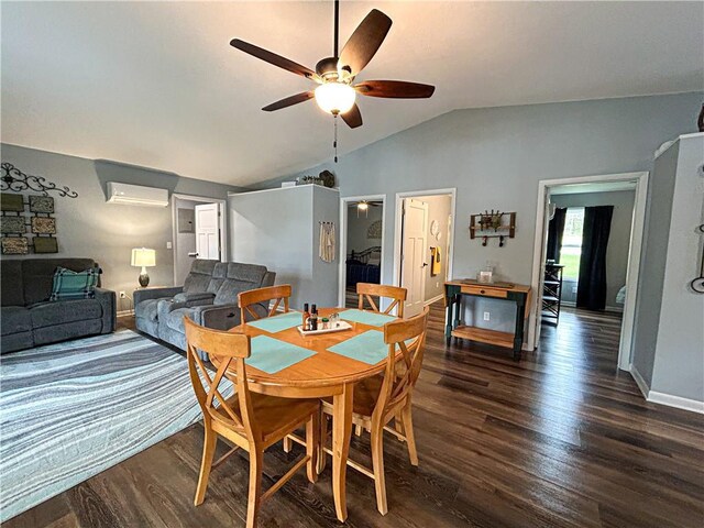 58 E Sugar Lake Cv, Mound City, KS 66056 - dining room featuring ceiling fan, a wall mounted AC, dark wood-style floors, and vaulted ceiling