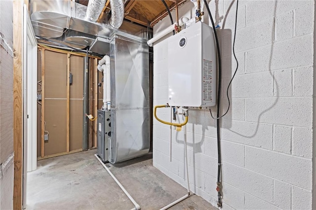 utility room with tankless water heater and heating unit