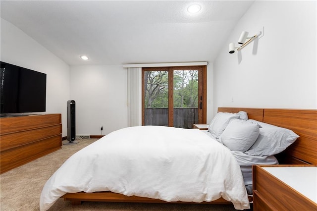 bedroom featuring lofted ceiling, recessed lighting, access to outside, and light carpet