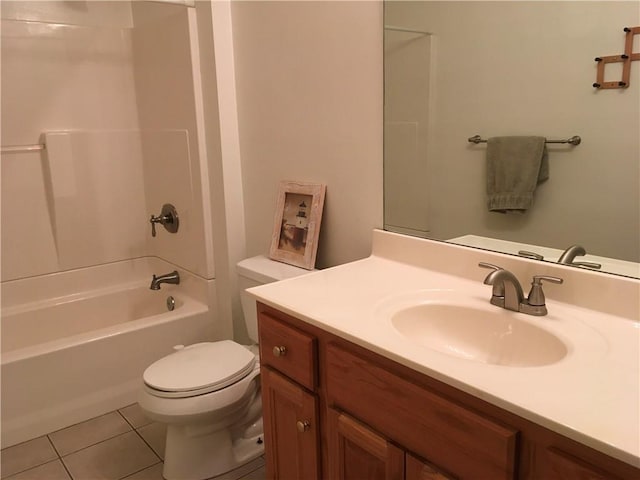 bathroom featuring toilet, shower / tub combination, tile patterned flooring, and vanity