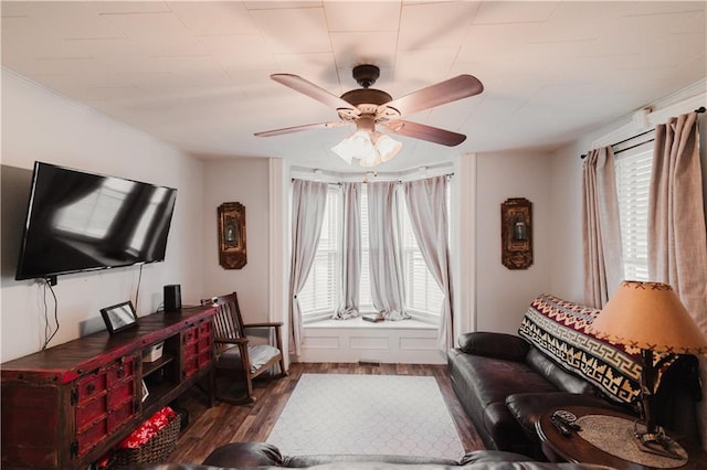 living area featuring plenty of natural light, dark wood-style flooring, and ceiling fan