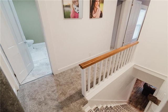 stairs featuring carpet floors and baseboards
