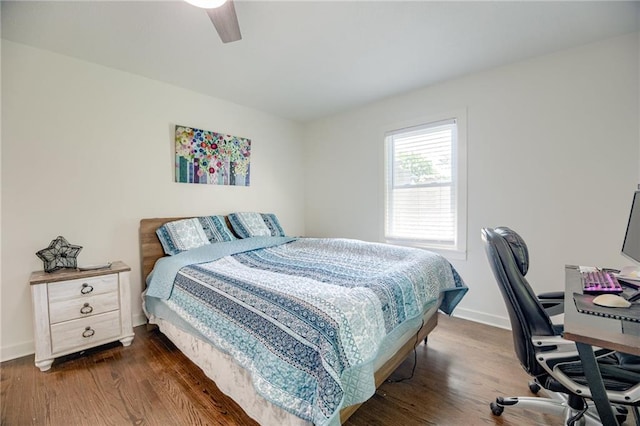 7636 Windsor St, Prairie Village, KS 66208 - bedroom featuring dark wood-style flooring, a desk, baseboards, and ceiling fan