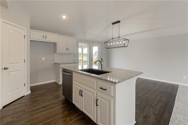 11802 N Bellaire Ave, Kansas City, MO 64156 - kitchen featuring a sink, stainless steel dishwasher, dark wood-style floors, white cabinetry, and recessed lighting