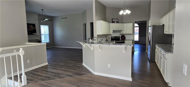 9201 N Harrison St, Kansas City, MO 64155 - kitchen with appliances with stainless steel finishes, under cabinet range hood, a peninsula, healthy amount of natural light, and a towering ceiling