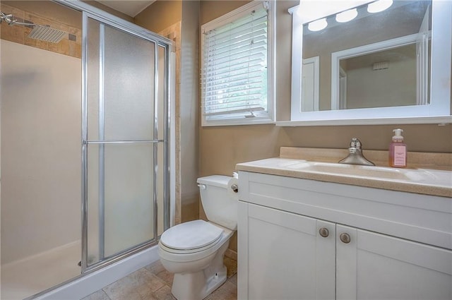 full bath featuring a shower stall, toilet, and vanity