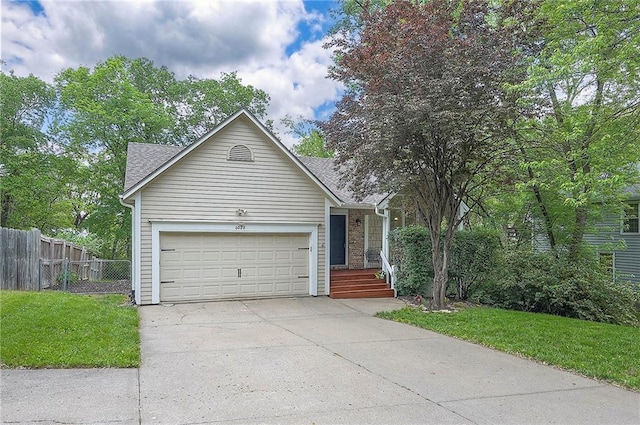 single story home with driveway, a garage, and roof with shingles