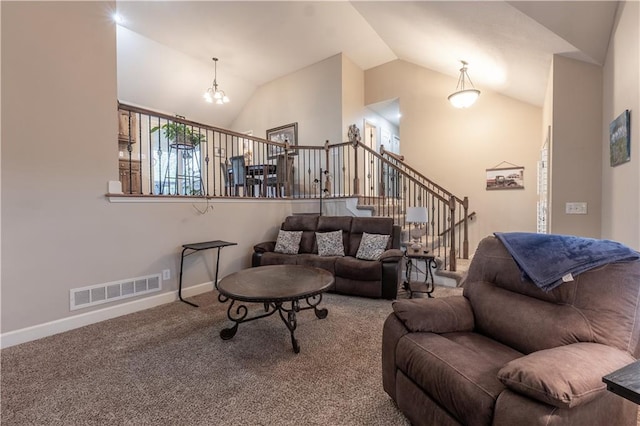 carpeted living area with a chandelier, stairs, baseboards, lofted ceiling, and visible vents