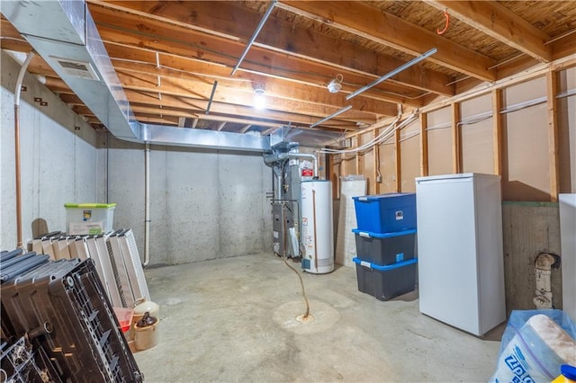 unfinished basement featuring gas water heater and visible vents