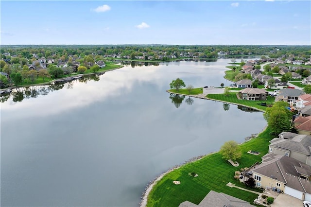 aerial view of residential area with a large body of water
