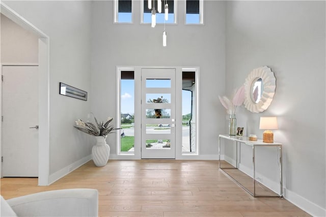 entrance foyer with a towering ceiling, hardwood / wood-style floors, and baseboards